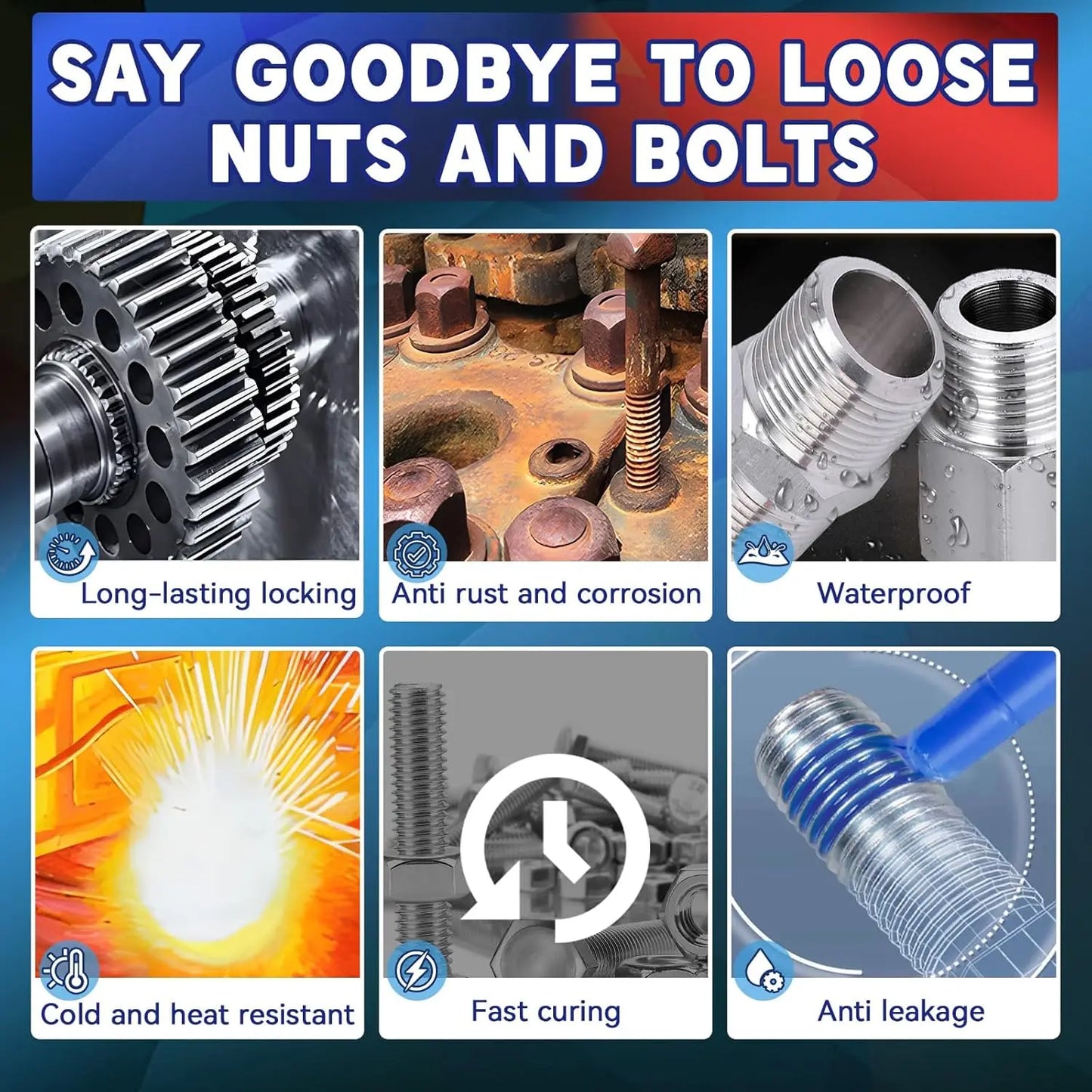 271 red thread locking adhesive, permanent locking, fast curing, ideal choice for industrial machinery metal fasteners.