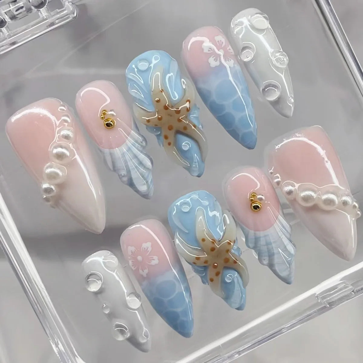 24Pcs Mid-length Almond Press on Fake Nails,3D Ripple Heart ,Pearl Star, Blue Smudge Detachable Full Cover Nails Tips.