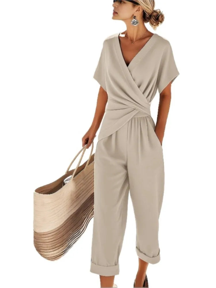 Women's 2 Piece Set Fashion V Neck Short Sleeved Shirt Irregular Pleated Top Casual Trousers.