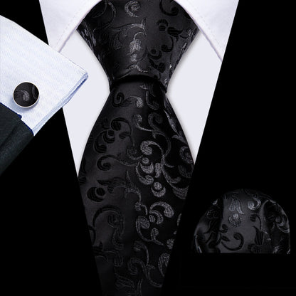 Black White Gray Silver Men Tie Handkerchief Cufflinks Set.