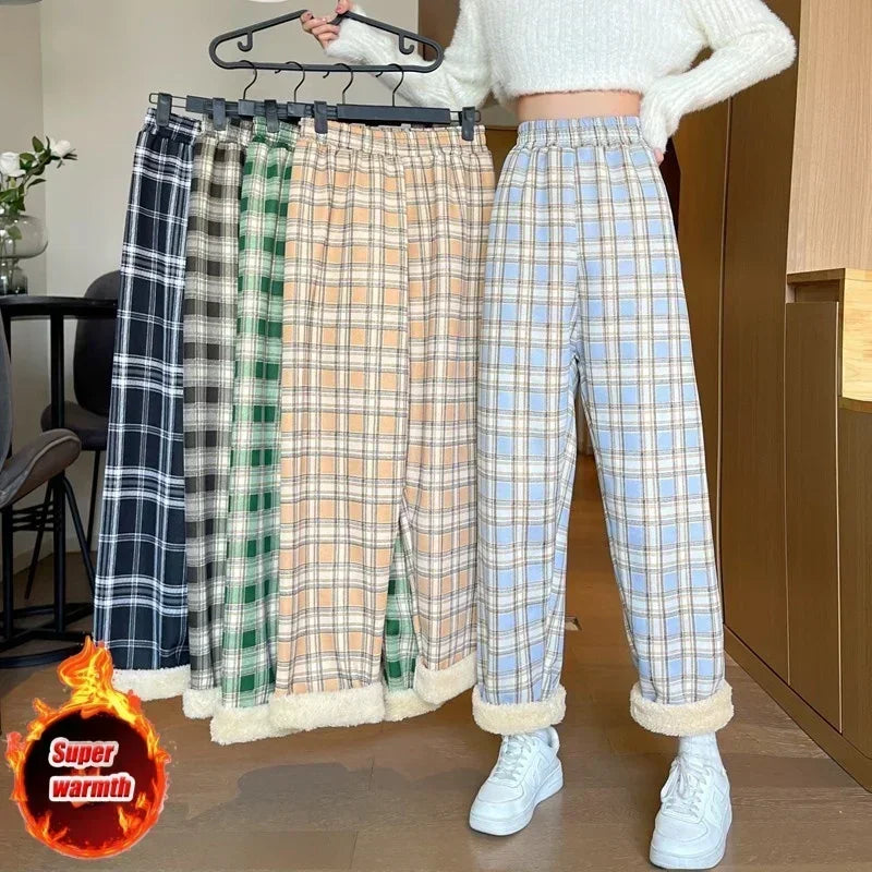 Warm Plush Pants, Cashmere Thick Plaid Ladies Winter Loose Wide-legged Pants