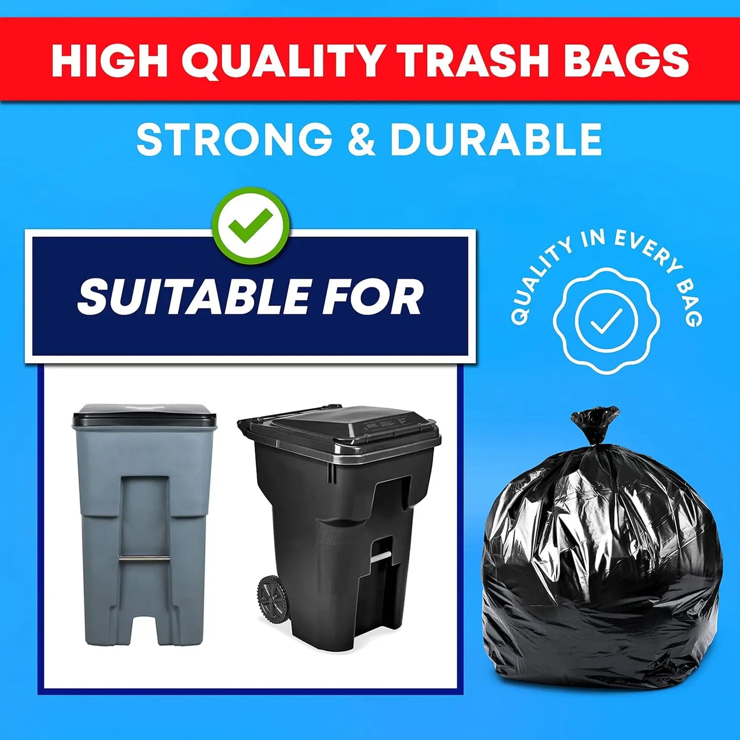 64 Gallon Heavy Duty Trash Bags Value Pack with Ties, Large Black Industrial Garbage Bags for 60-65 Gallon.