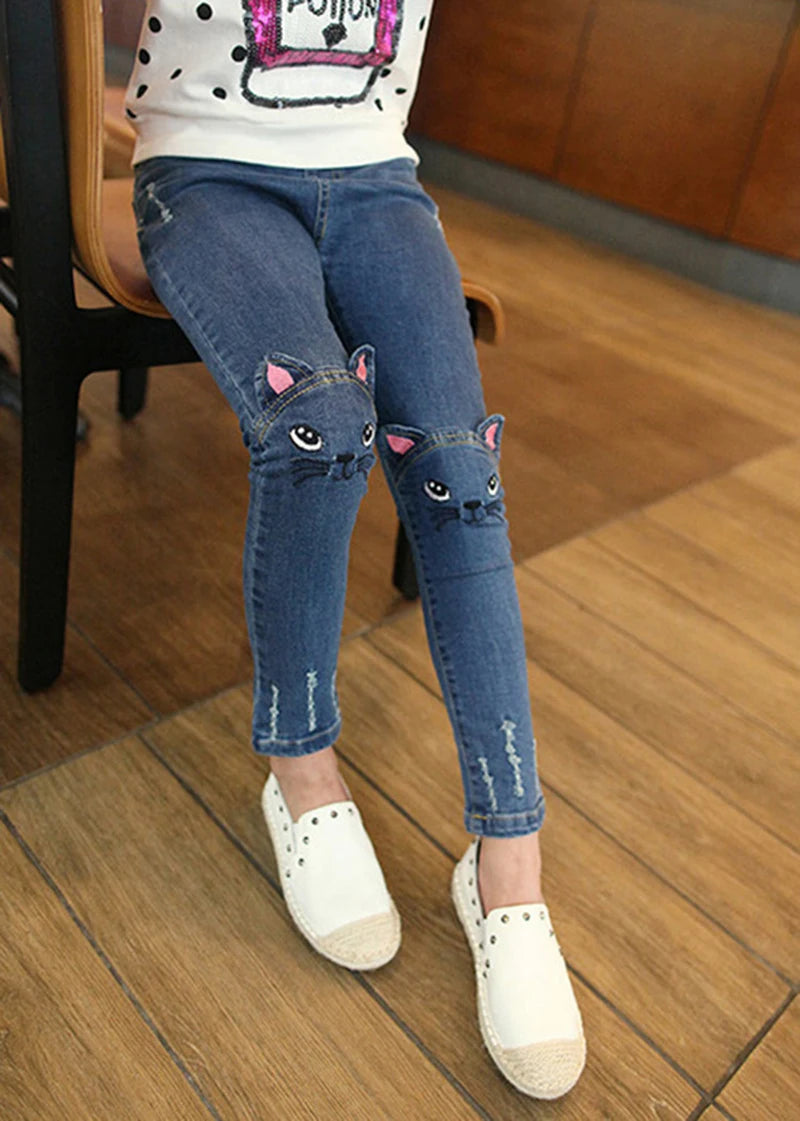 Children, Infants, Girls Casual Denim Long Pants, Skinny Trousers Prints.
