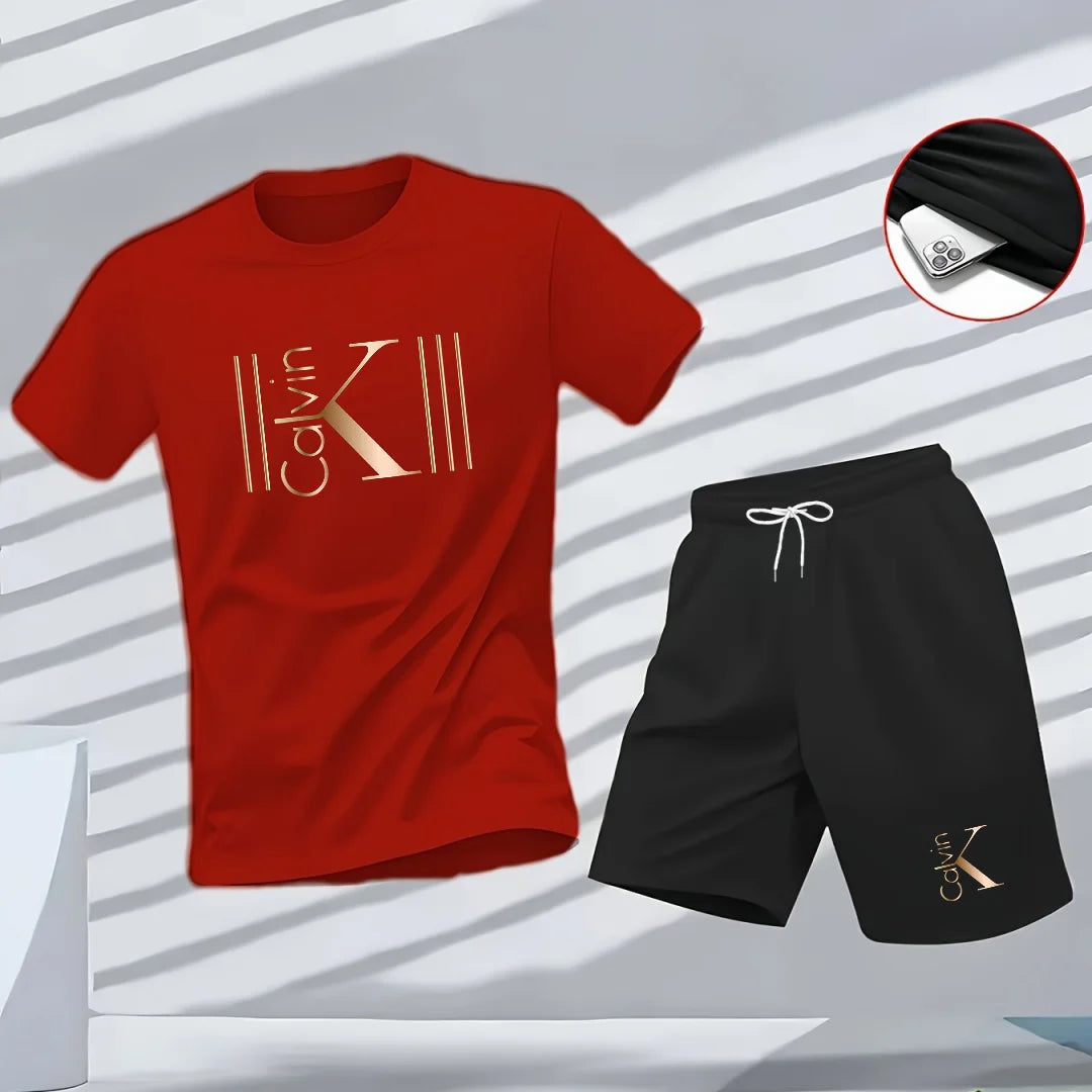 "2025 Men Breathable sports pattern Printed T-shirt, Casual Fashion short-sleeved streetwear top Two-piece set.