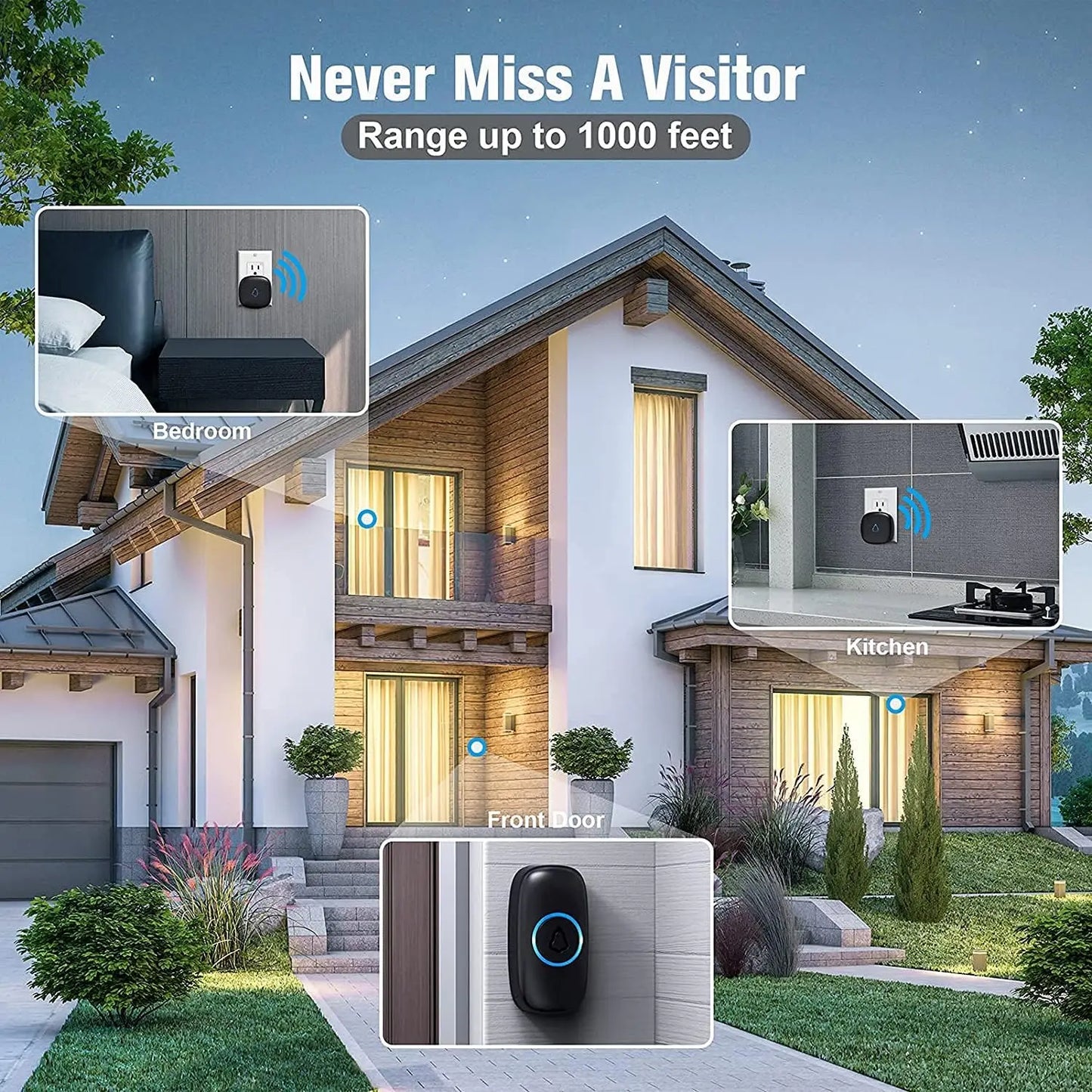 Wireless Doorbell with 3 Receivers, 2 Buttons: Easy Install, Adjustable Volume, 58 Chimes, LED Light,1000Ft Range.