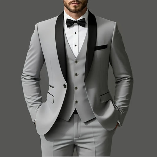Men 3pcs Suit Set, Jacket + Vest + Pants, Fashionable High-Quality, Formal Attire.