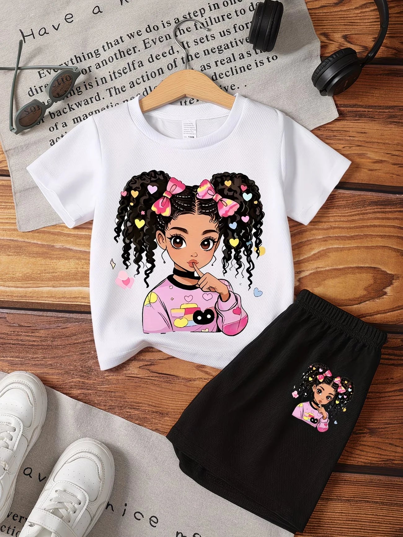 Kawaii Anime Print Kids Sport Suit, 2-Piece Set Girls Casual Summer Clothes.
