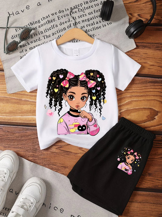 Kawaii Anime Print Kids Sport Suit, 2-Piece Set Girls Casual Summer Clothes.