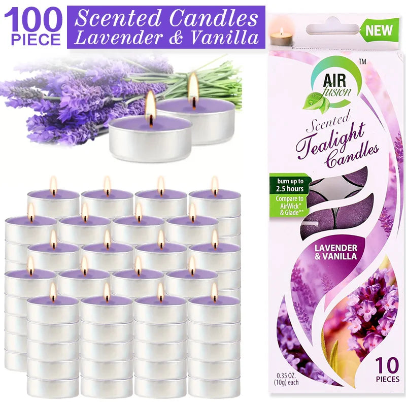 Air Fusion 100 Count Tea Lights Candles Purple Lavender & Vanilla Scented 2.5 Hours Smoke-free Drip-free.