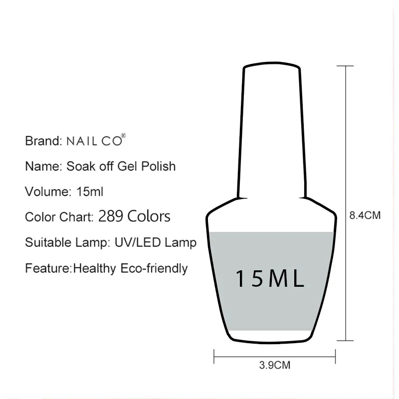 NAILCO 15ml Color Gel Nail Polish Soak Off, Hybrid Varnishes Manicure, UV&LED Nail Gel Semi Permanent Lacquer Base Top Coat.