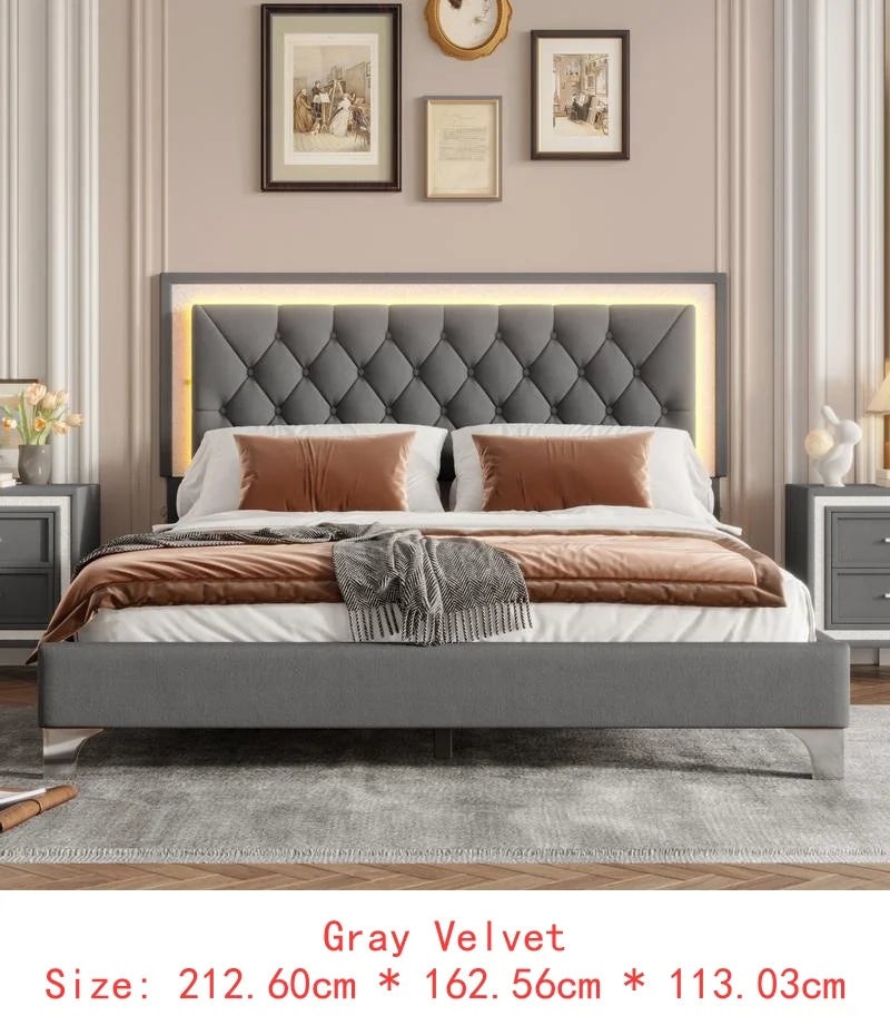 3-Piece Bedroom Set, Queen Size Upholstered Bed with LED Lighting & 2 Nightstands.