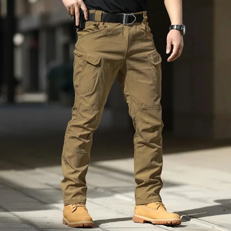 Men Waterproof Cargo Pants, Elastic Multiple Pocket Military Trousers.