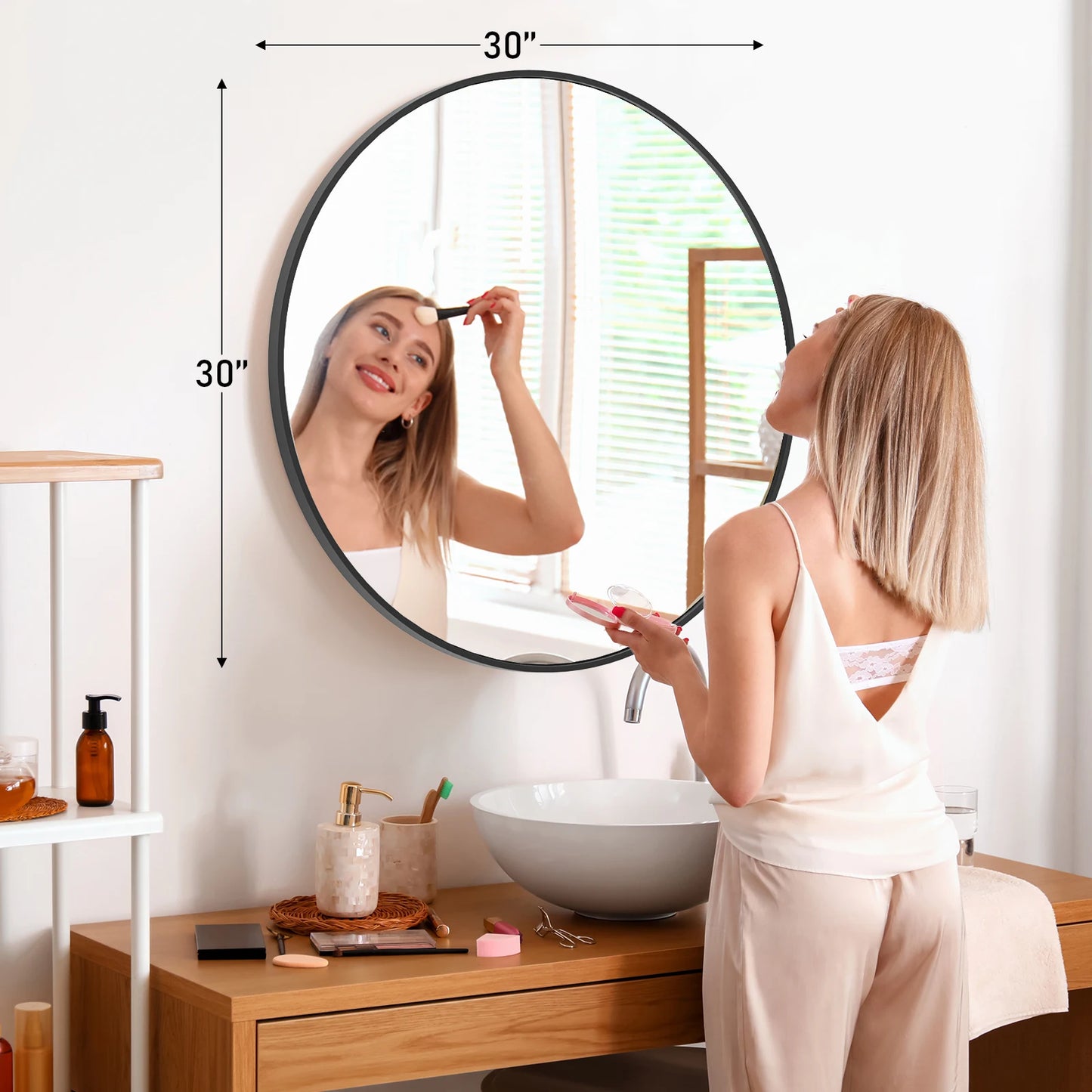Large Gold Round Vanity Framed Mirror for Wall  Metal Framed 30 Inch  Mirror Tempered Glass