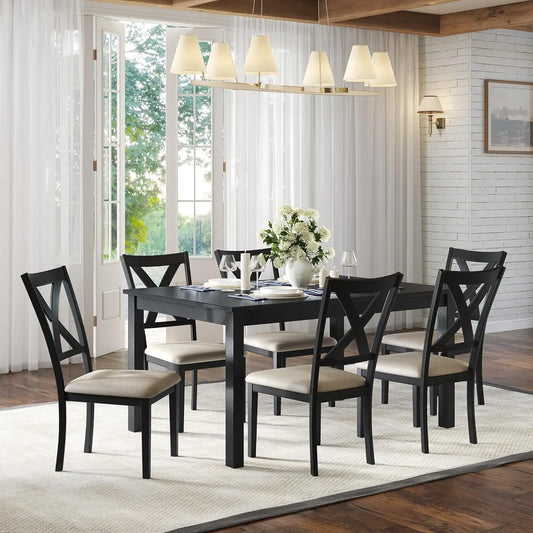 7-Piece Farmhouse Dining Table Set, with 6 Upholstered Chairs, 60" Space-Saving Dining Table & Chair Set.