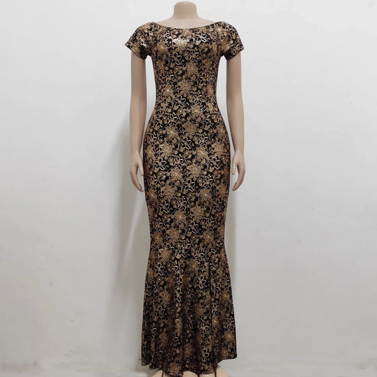 Women Dress Elegant Flower Party Dress, Off the Shoulder Short Sleeve, Slit Maxi Long Dresses for Woman.
