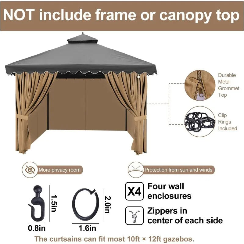 Gazebo Privacy Curtains with Zipper 4-Panels, Side Wall Universal Replacement for Patio.