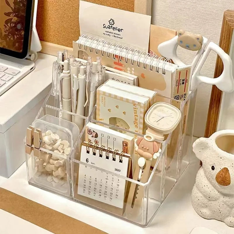 Large-Capacity Transparent Desktop Stationery Organizer, with Independent Compartments.