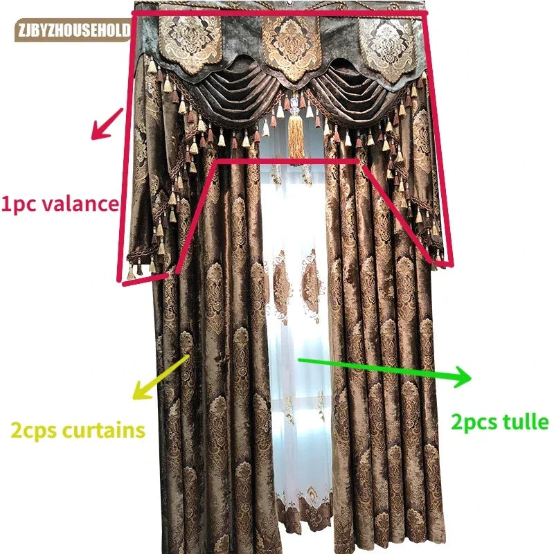 Curtains for Living Room, Dining, Bedroom, High Window Luxury Print Velvet Carved Gold