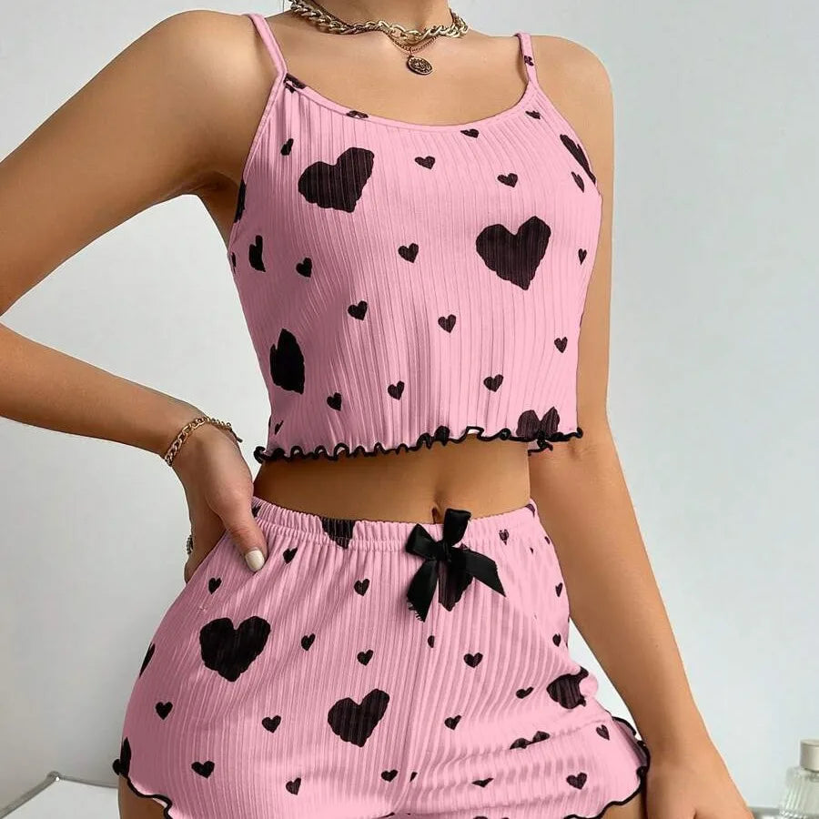 2 Pieces Set Women Pajama Shorts Sexy Camisoles Sleepwear.
