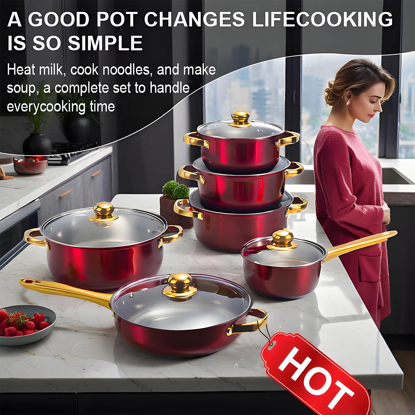 Red Cookware Set, 12-Piece ,Stainless Steel, Non-Stick.