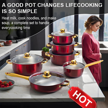 Red Cookware Set, 12-Piece ,Stainless Steel, Non-Stick.