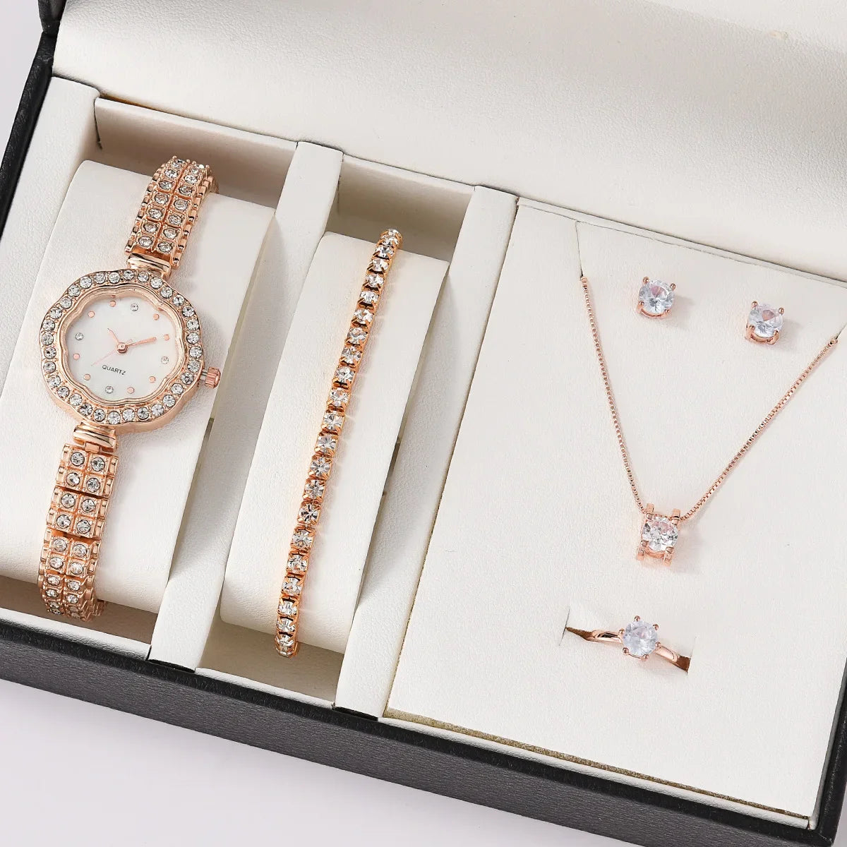 Women Quartz Watch Luxury Diamonds, Simple Stainless Steel Strap, Ring, Necklace, Earrings.