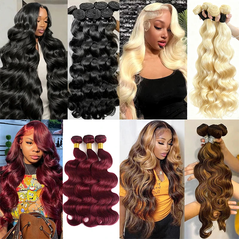 16A Colored 613 Human Hair Bundles, 100% Burgundy Raw Hair Weave Extensions Highlight, Body Wave Bundles Human Hair With Closure.