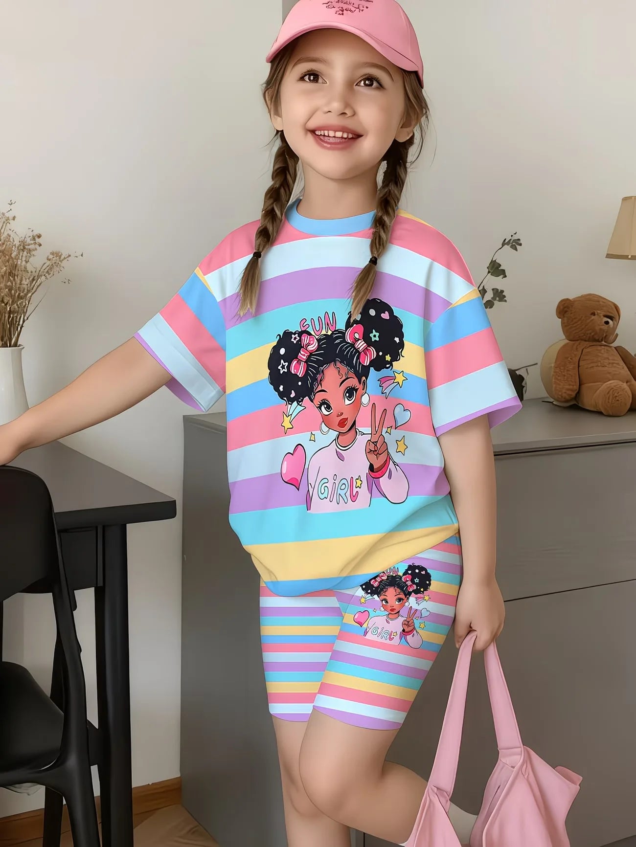 Kawaii Anime Print Kids Sport Suit, 2-Piece Set Girls Casual Summer Clothes.
