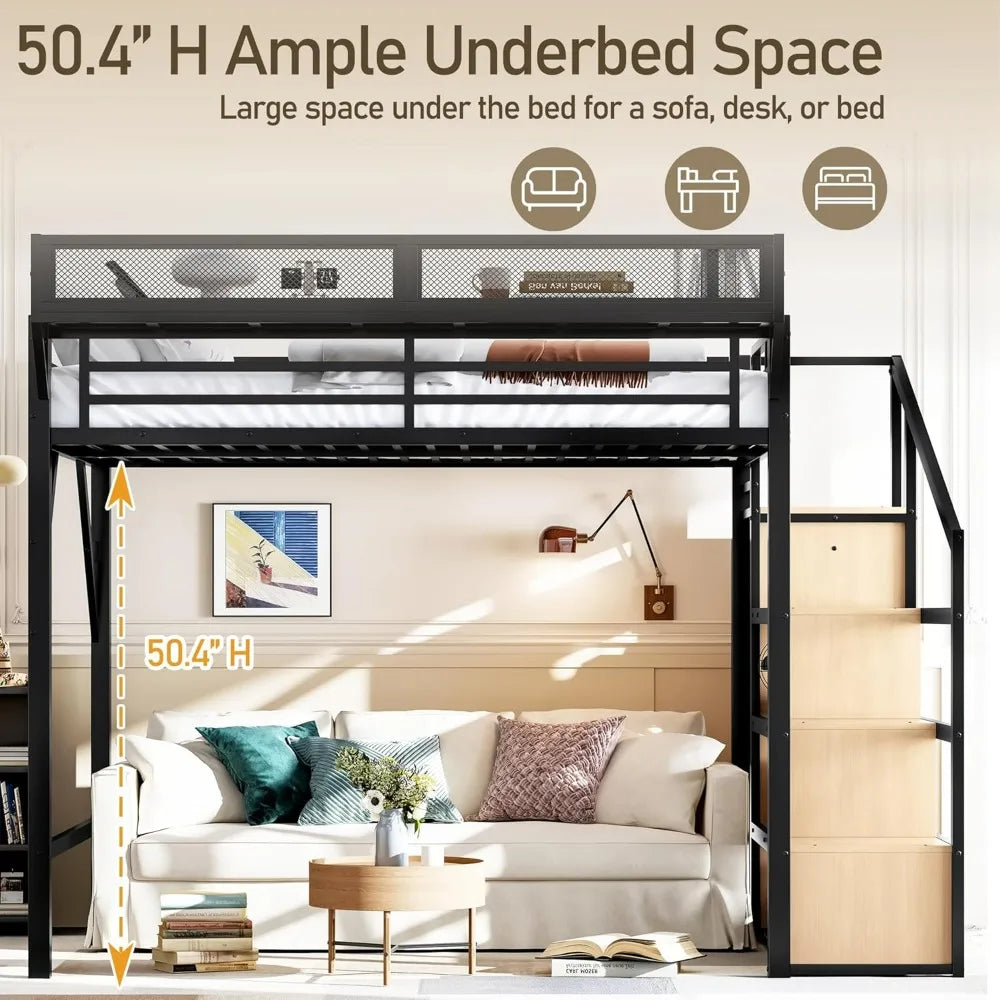 Queen Size Metal Loft Bed Frame, with Storage Stairs, Side Shelf, Wardrobe, USB Ports, and LED Lighting