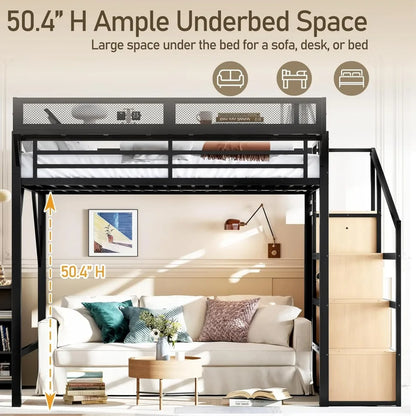Queen Size Metal Loft Bed Frame, with Storage Stairs, Side Shelf, Wardrobe, USB Ports, and LED Lighting