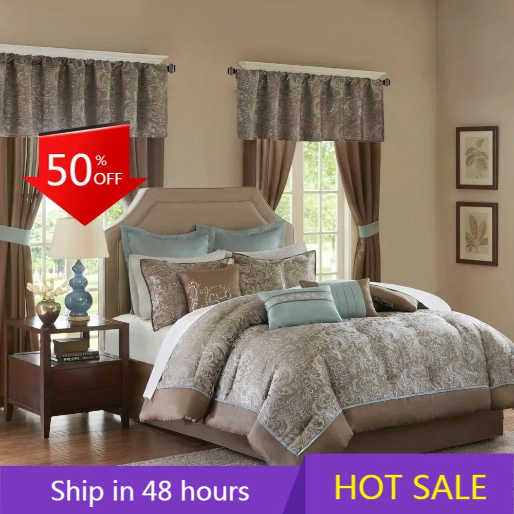 Bristol Collection 24-Piece Bedding Set, with Faux Silk Comforter and Paisley Jacquard Design Curtains.