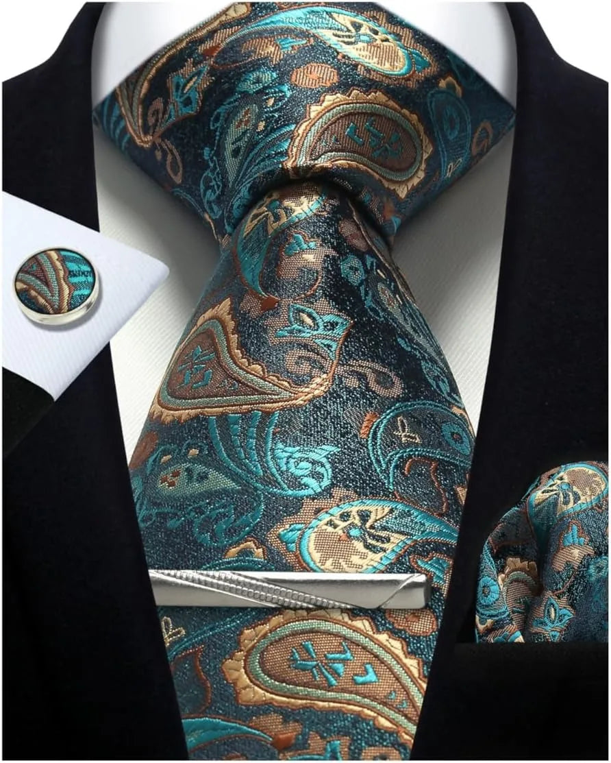 100% Silk Necktie Paisley Floral Men Business Tie, Pocket Square ,Tie Clip ,Cufflinks Set  Gift Box.