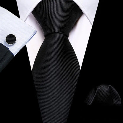 Black White Gray Silver Men Tie Handkerchief Cufflinks Set.