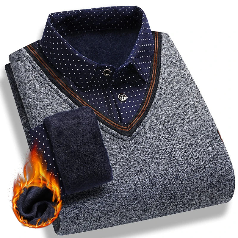 Men Fleece Lining Sweater Autumn Winter Pullover, Polo Shirt Collar Fake Two Piece Casual Knitwear.