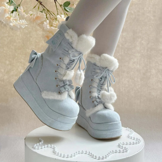Sweet Winter Girls Lolita Mid-Calf Snow Boots, Cute Female Plush Stars Warm Bowknots Wedge Heel Heightening Shoes.