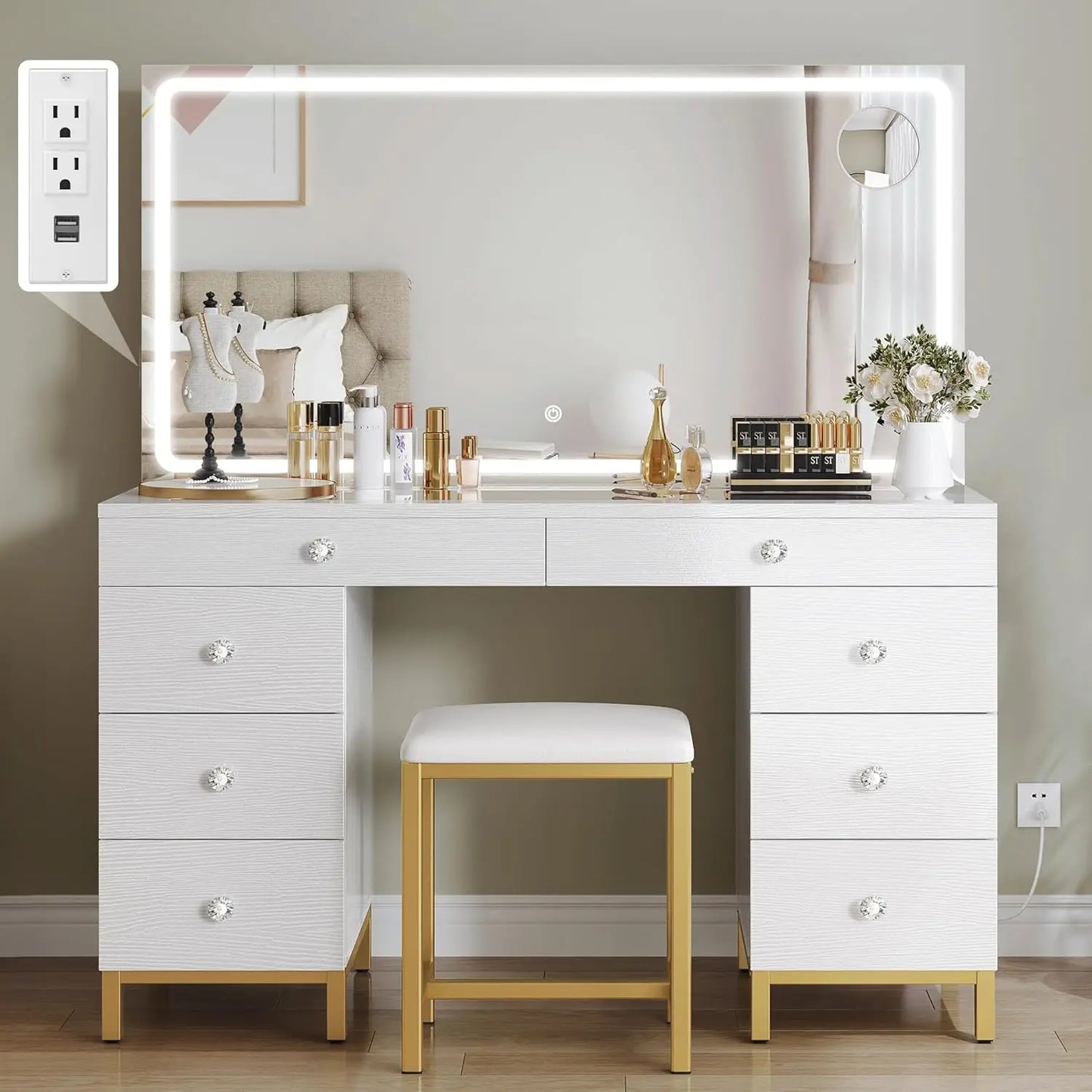 Vanity Desk with Mirror and Lights, Charging Station, Makeup Table with 8 Drawers, Dimmable Lighting