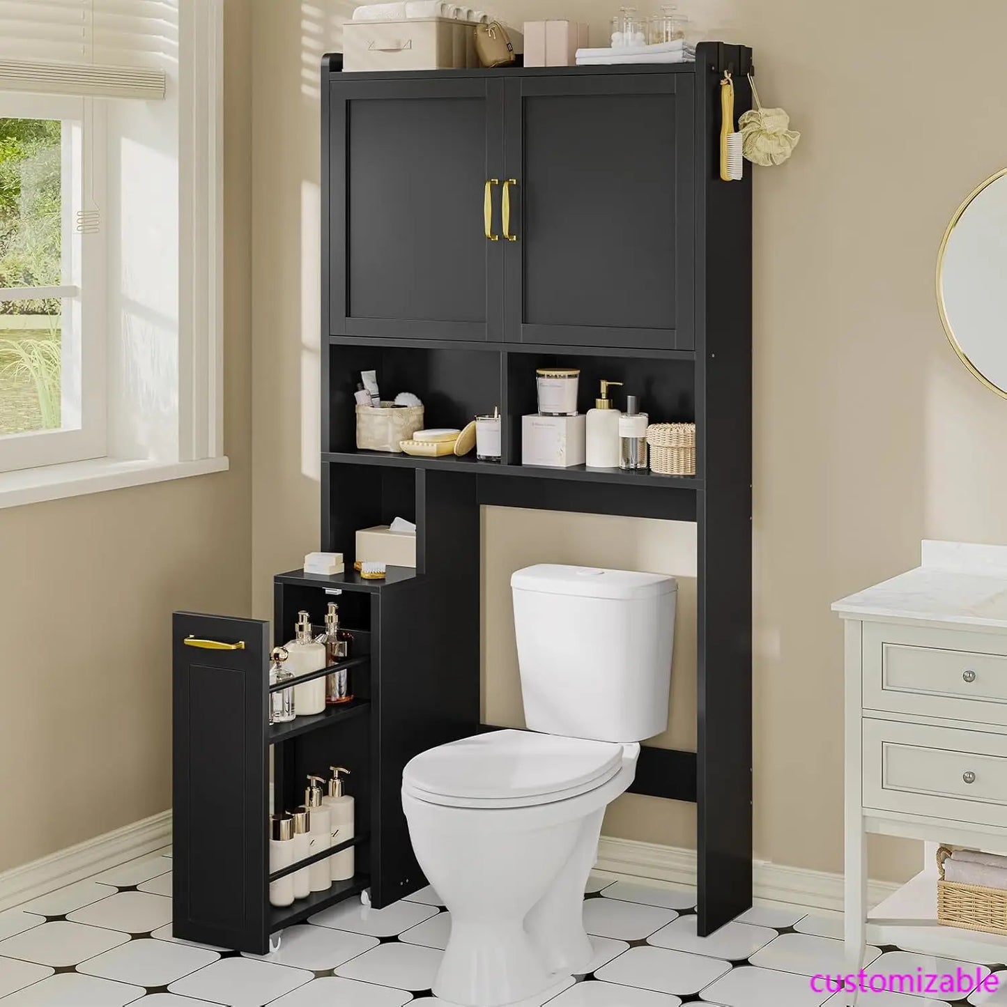 Over The Toilet Storage Cabinet with Pulley, Small Bathroom Storage Cabinet.