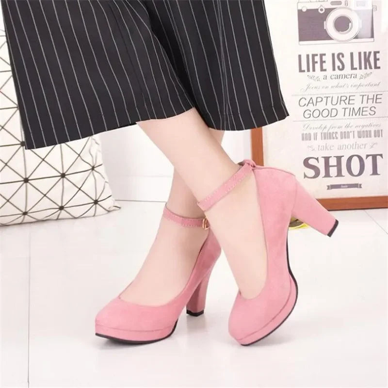 Spring Women Pumps High Heel Ankle Strap Round Toe Shoes.