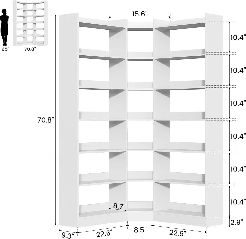 70.8" Tall Corner Bookshelf, 7-Tier L-Shaped Storage Rack, with Baffle for Home Office Living Room.