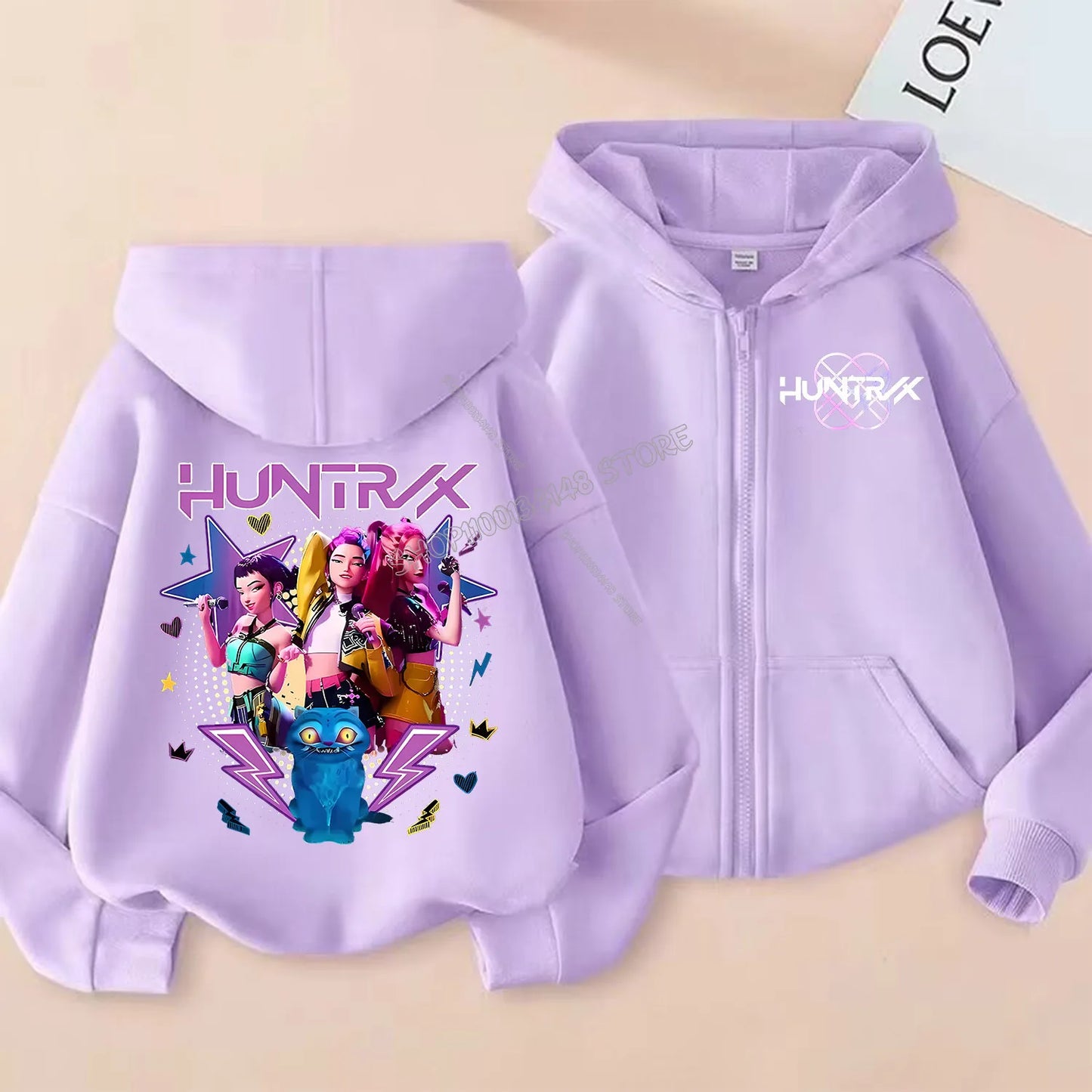 Demon Hunters Zipper Hoodie Cartoon Girls Coat, Fashion Thin Clothes Purple Hoodie Jacket Kids Sweatshirt.