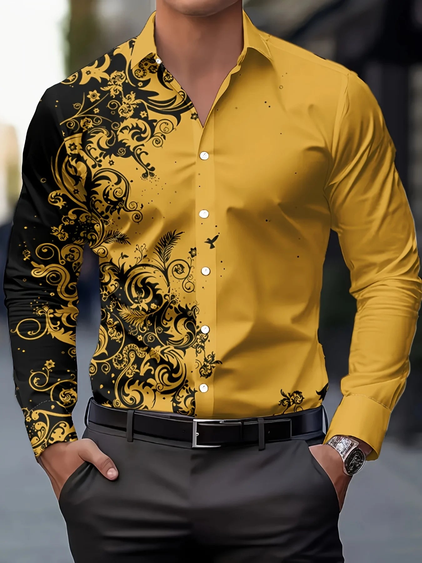 Men Stylish Red Floral Print Dress Shirt - Casual Long Sleeve Button-Up Design.