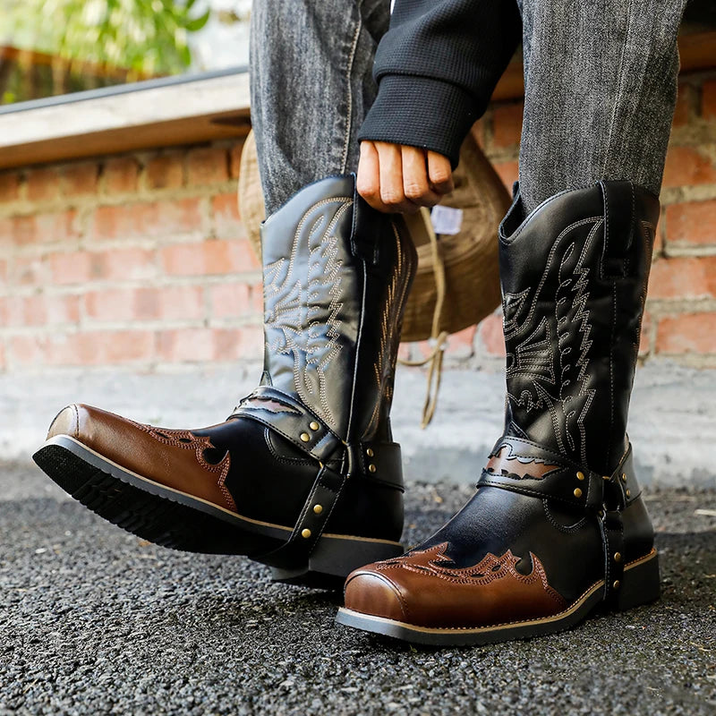 2025 Men's Western Cowboy Style Boots - Two-color Geometric Pattern.