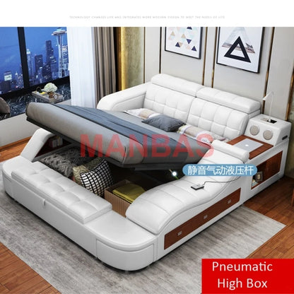 King/Queen Size Multifunctional Bed Tech Smart Genuine Leather Bed with Audio