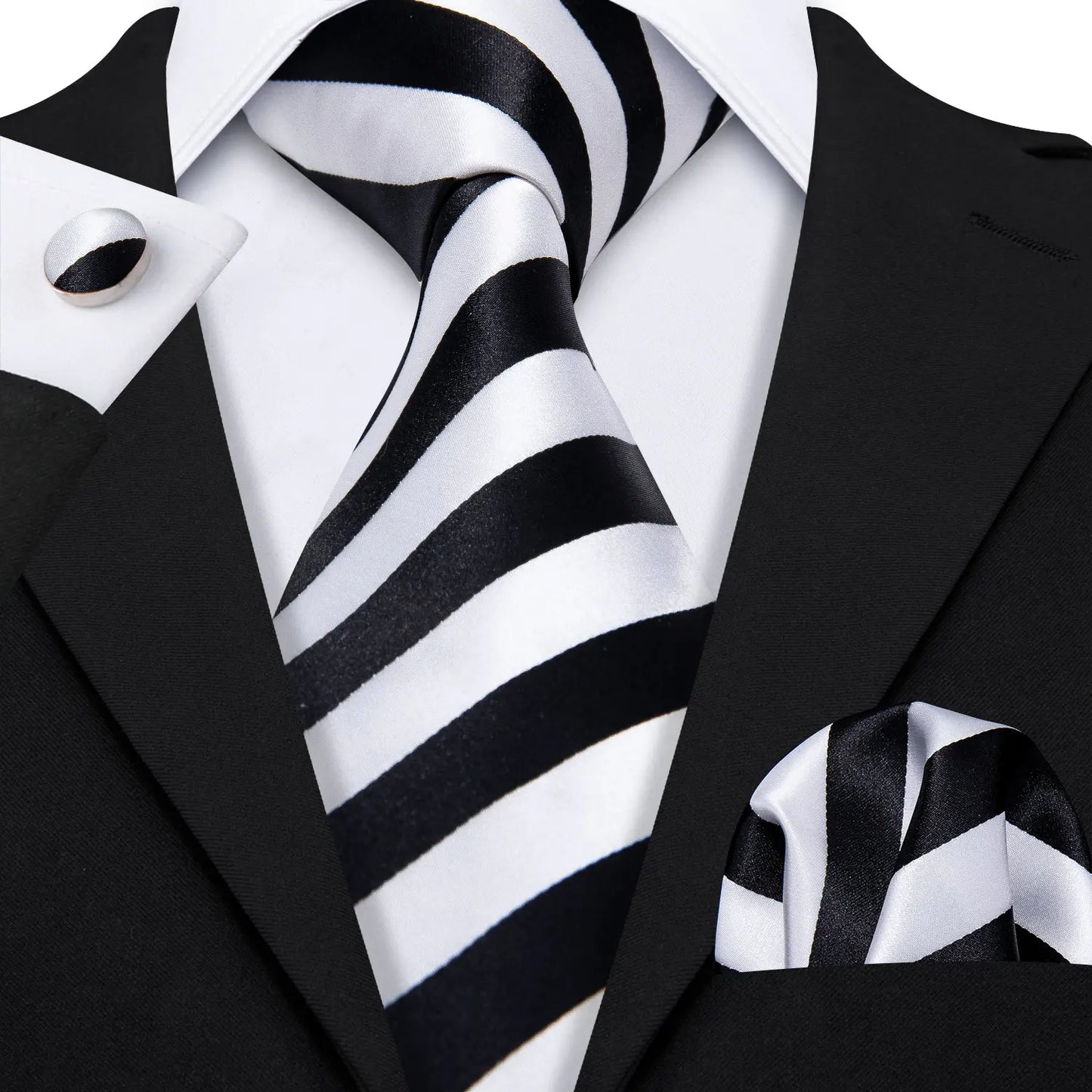 Black White Gray Silver Men Tie Handkerchief Cufflinks Set.
