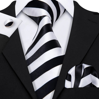 Black White Gray Silver Men Tie Handkerchief Cufflinks Set.