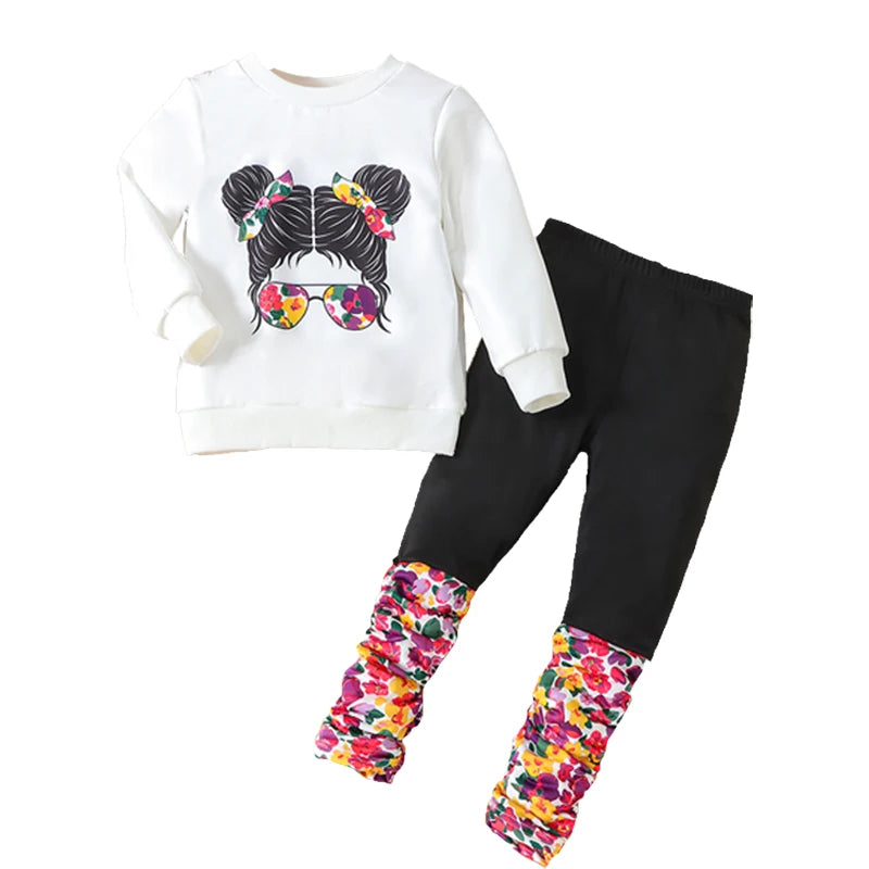 2-Piece Set for Girls: Autumn Portrait Print Round Neck Long-Sleeve Sweatshirt Pants Set.