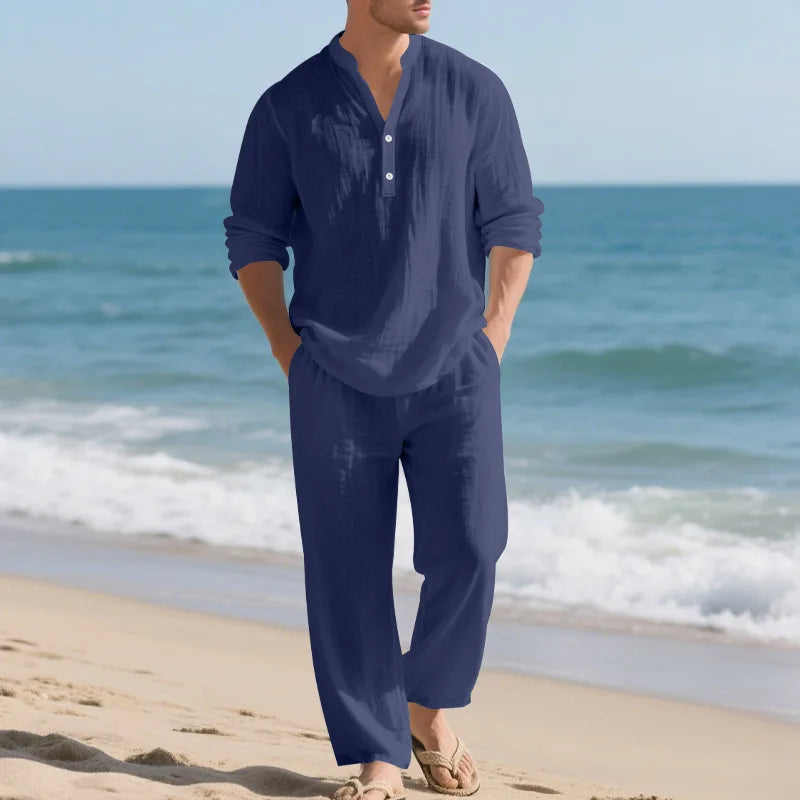 Autumn New Men Suit Style Loose Casual Breathable Henley Shirt with Straight-Leg Pants.