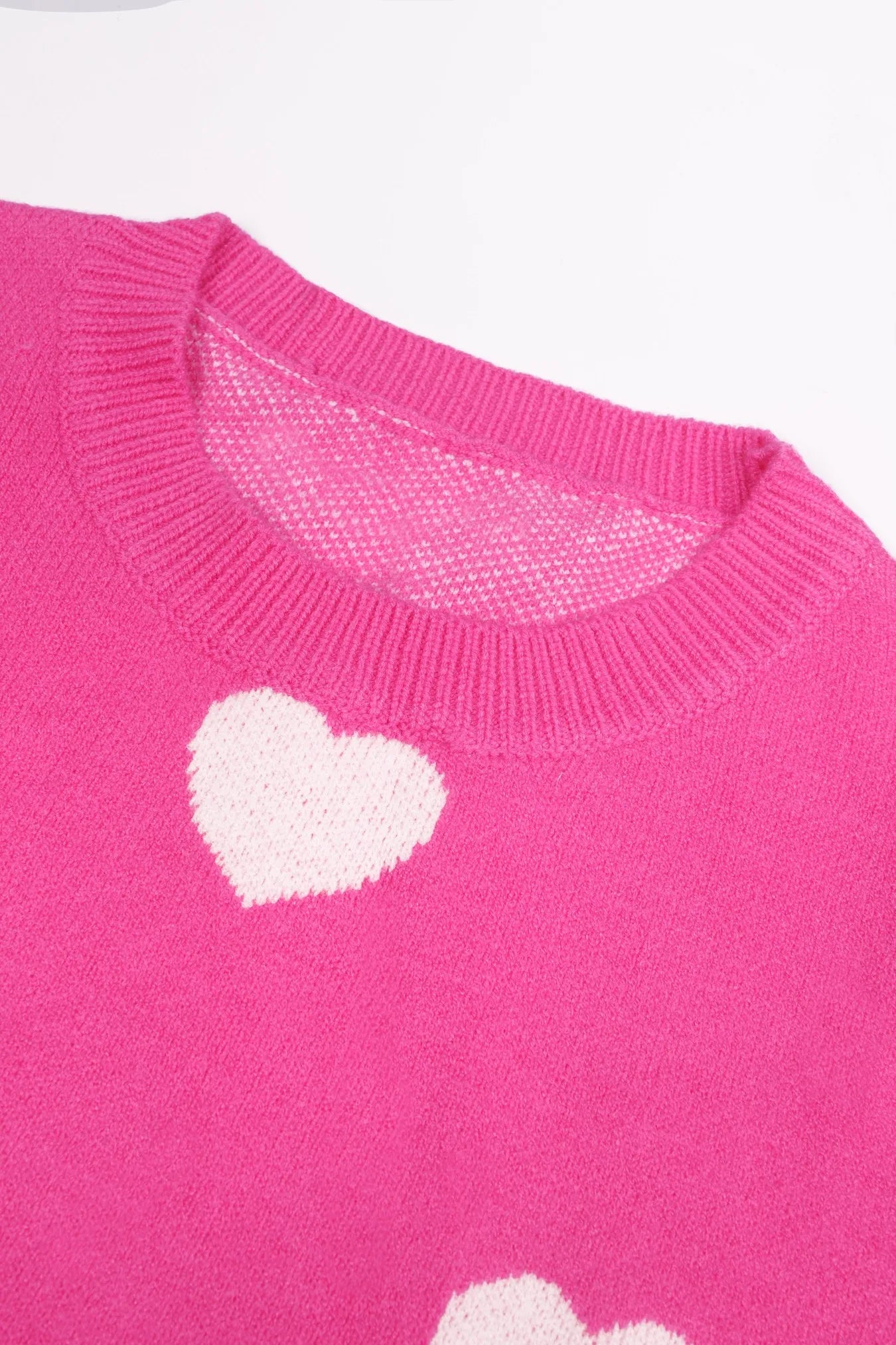 Women's Hot Pink, Oversized Knit Sweater Heart Pattern, Crew Neck Sweater.