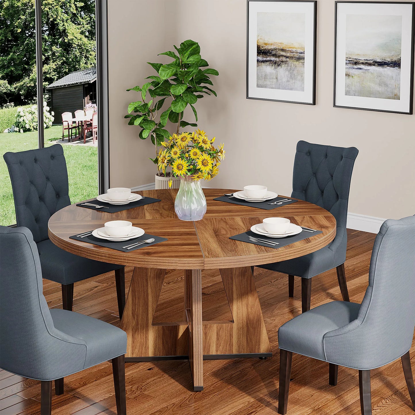 Round Dining Table for 4, 47 Inch Farmhouse Kitchen Table, for Dining Room.