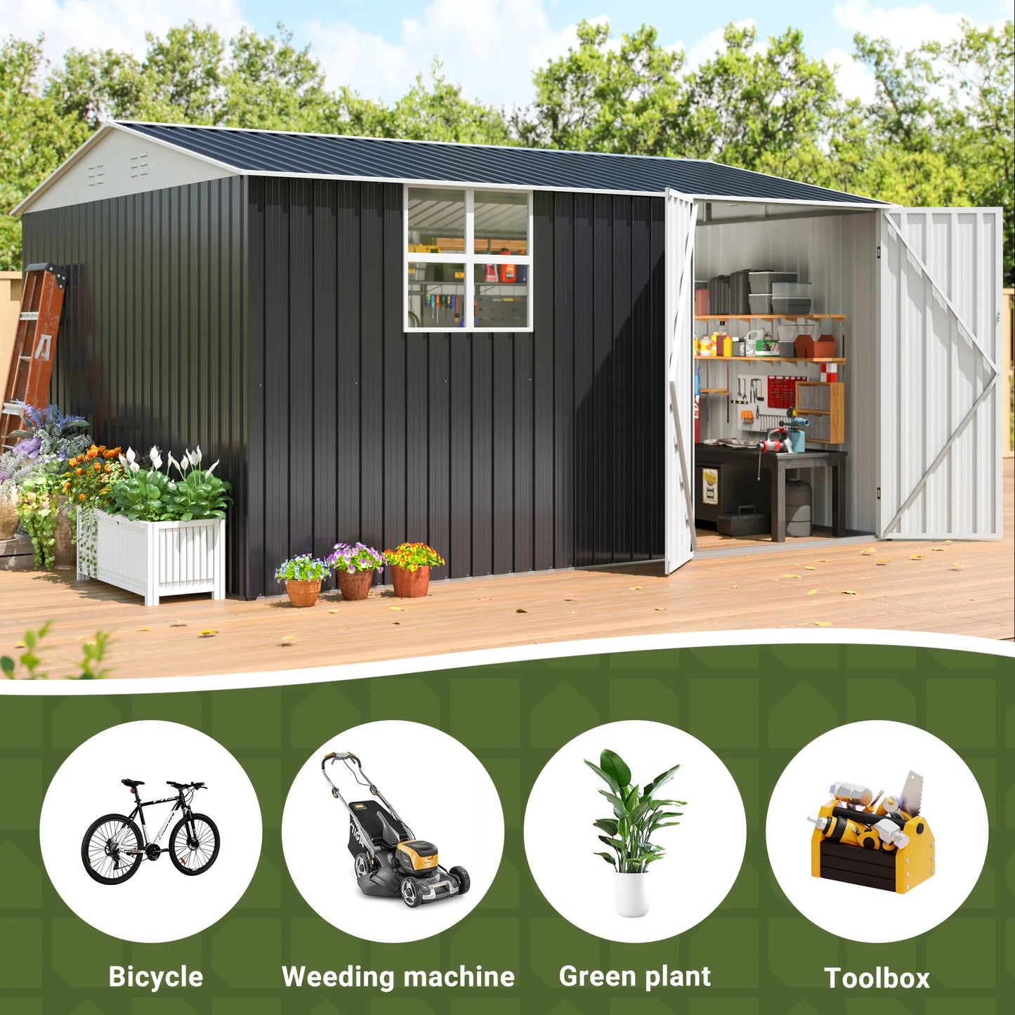 10x12 FT Outdoor Metal Storage Shed with Windows, Lockable Tool Shed, Heavy-Duty Frame.